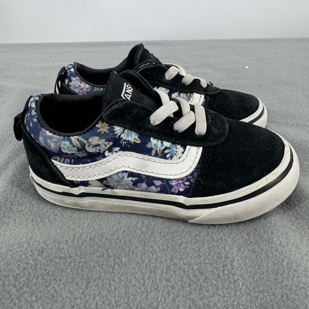 Vans Old Skool V Toddler Size 7 Shoes Black Blue Floral Suede Sneakers